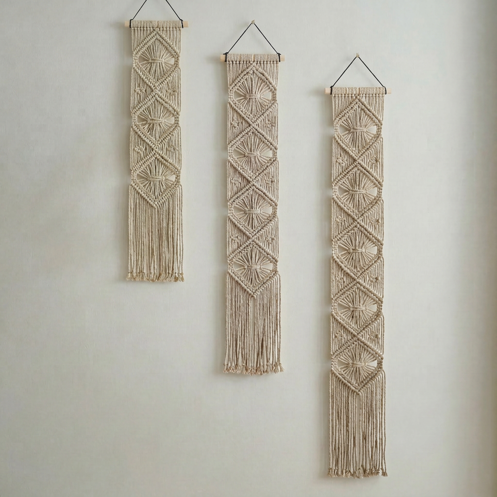 Handmade macramé 3 panel wall hanging set in neutral cotton with geometric knot patterns and fringe, boho wall décor on wooden dowels.