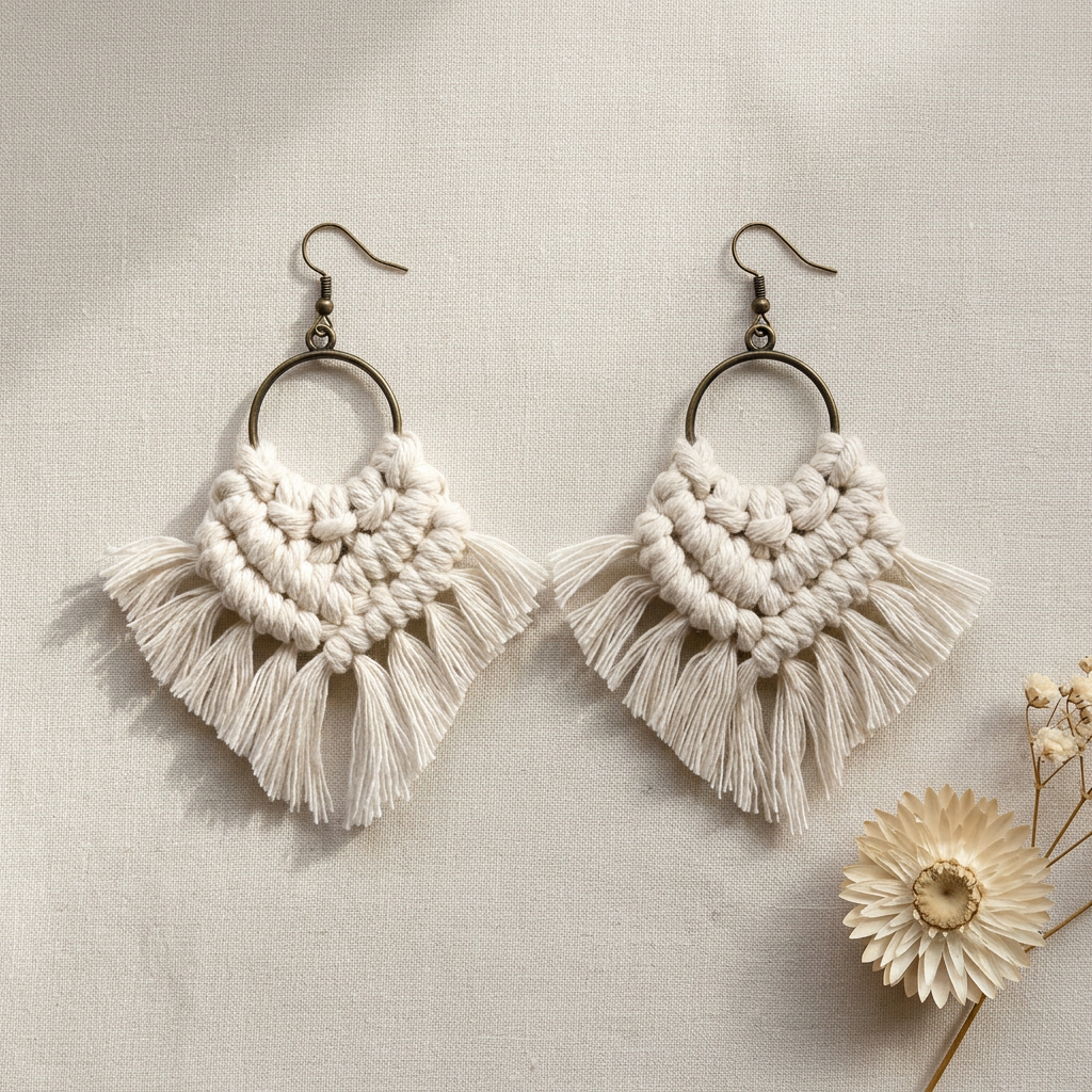 Handmade macramé hoop earrings in neutral cotton with intricate knot detail and fringe tassels on antique bronze hooks